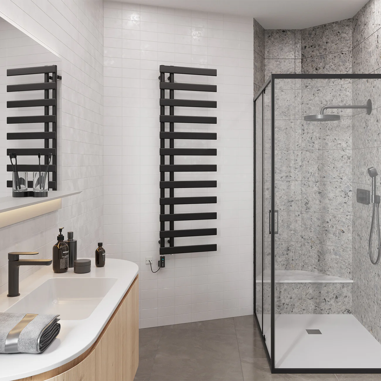 Agar - Black Electric Towel Rail H1564mm x W500mm 600w Thermostatic WIFI - Image 3