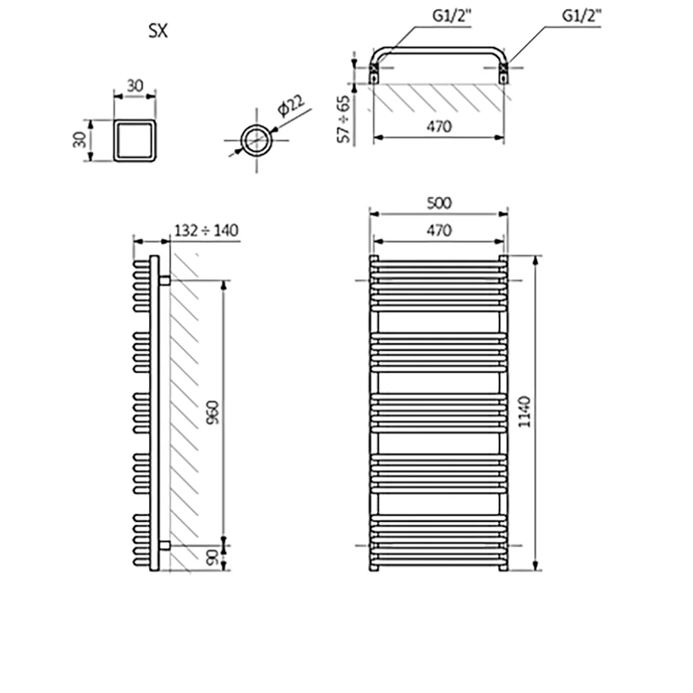 Alex - Modern Grey Towel Radiator - H1140mm x W500mm - Image 3