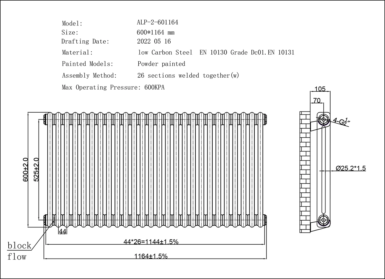 Alpha - Anthracite Column Electric Radiator 600mm x W1164mm 2 Column 1200w Thermostatic WIFI - Image 3
