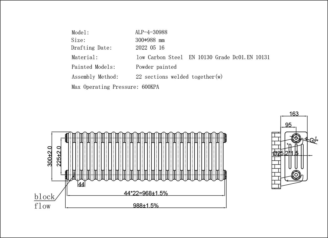 Alpha - Anthracite Column Radiator H300mm x W988mm 4 Column - Feet Included - Image 3