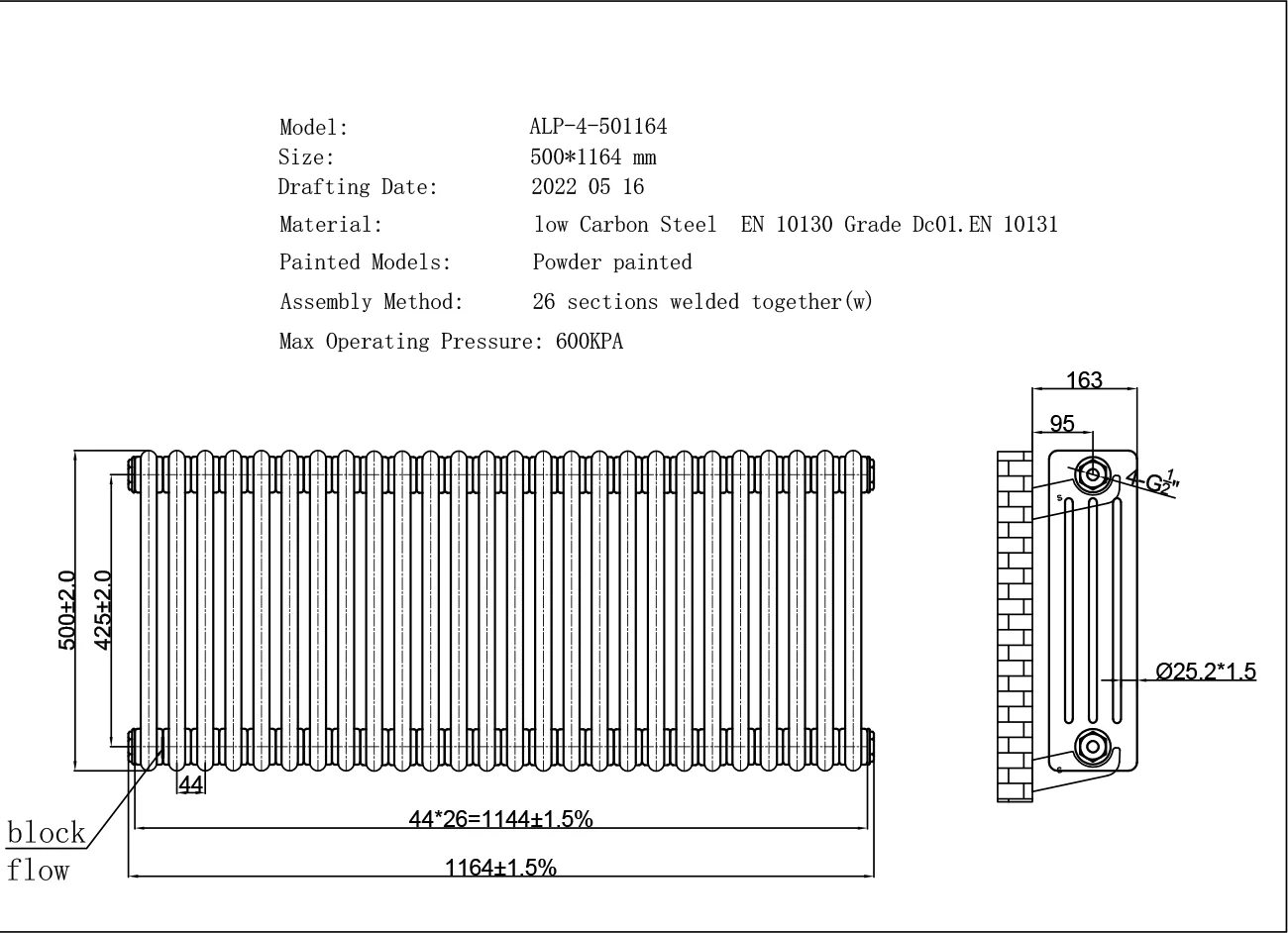 Alpha - Anthracite Column Radiator H500mm x W1164mm 4 Column - Feet Included - Image 3