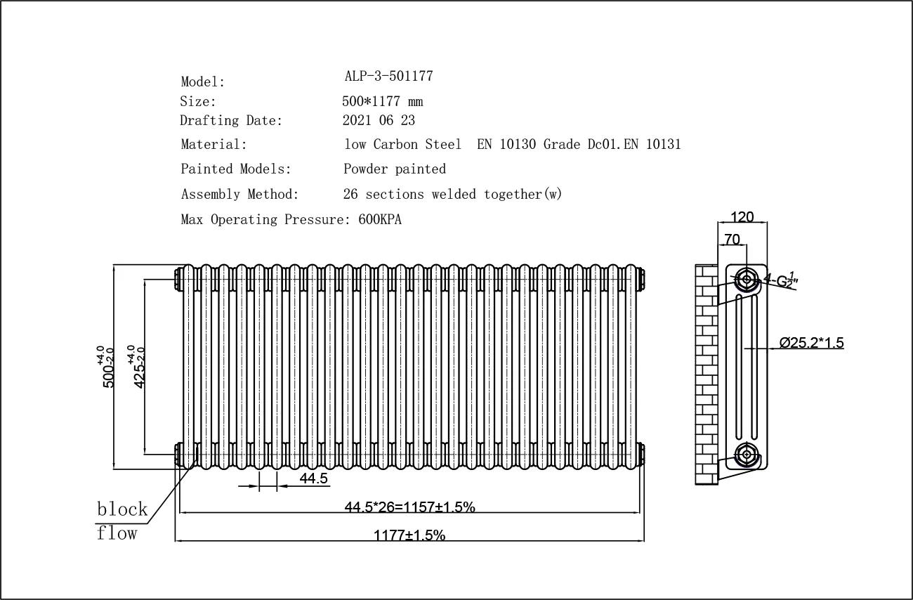 Alpha - Anthracite Column Radiator H500mm x W1177mm 3 Column - Feet Included - Image 3