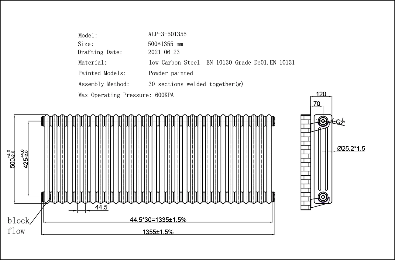 Alpha - Anthracite Column Radiator H500mm x W1355mm 3 Column - Feet Included - Image 3