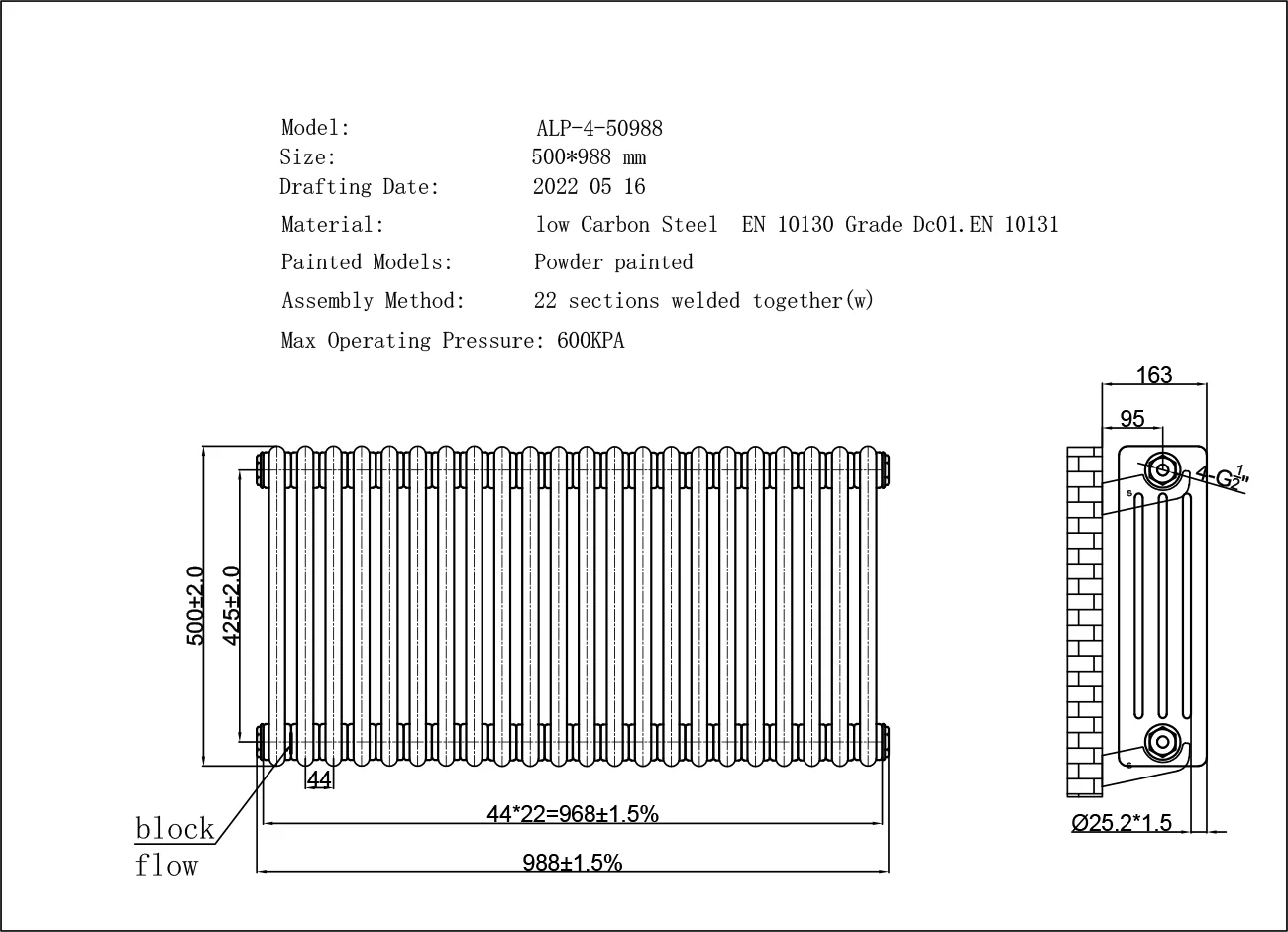 Alpha - Anthracite Column Radiator H500mm x W988mm 4 Column - Image 3
