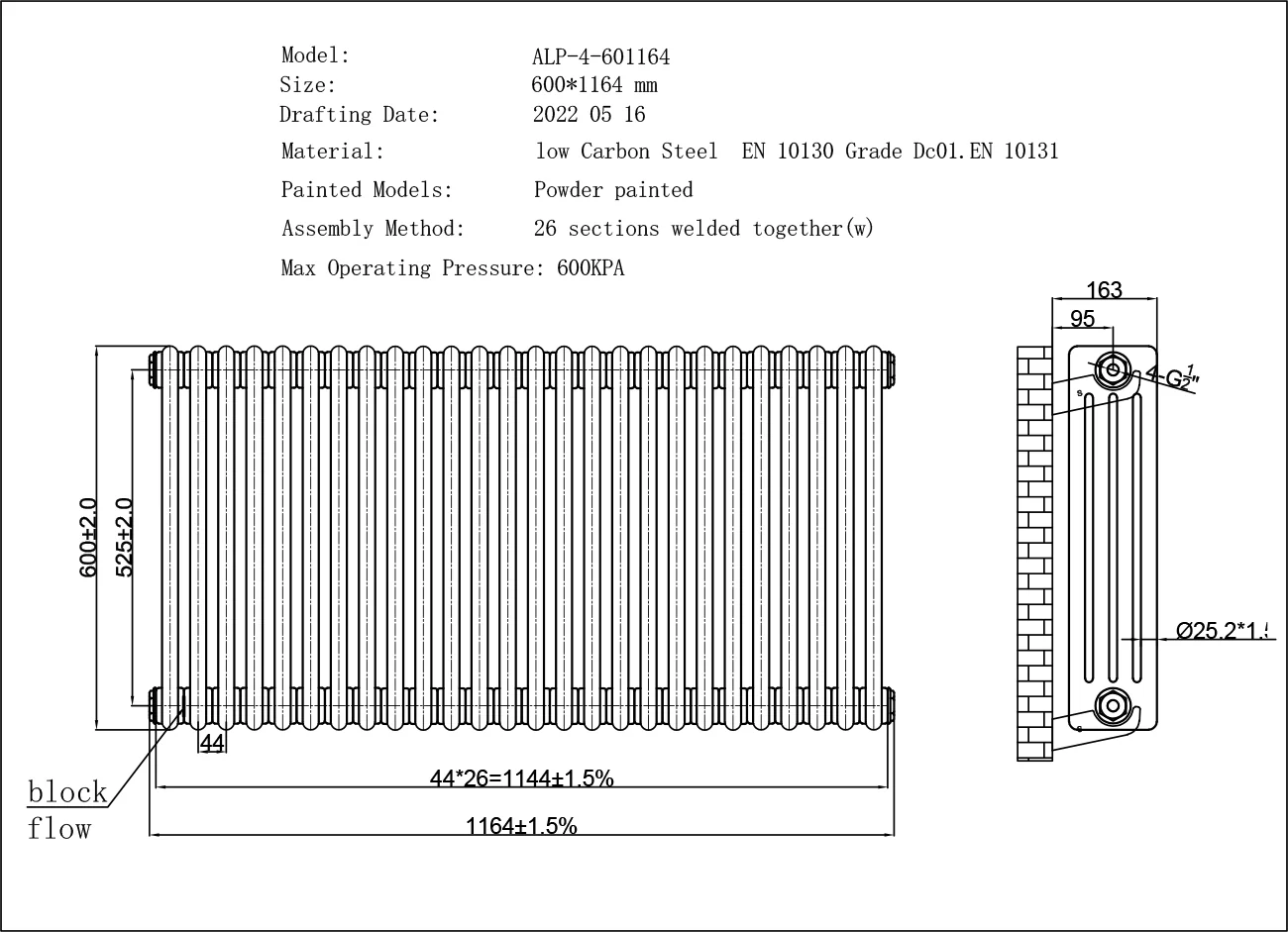 Alpha - Anthracite Column Radiator H600mm x W1164mm 4 Column - Image 3