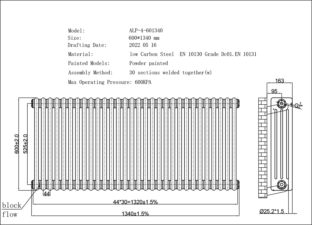Alpha - Anthracite Column Radiator H600mm x W1340mm 4 Column - Image 3