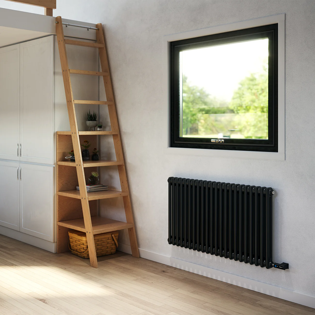 Alpha - Black Column Electric Radiator H600mm x W988mm 2 Column 900w Thermostatic WIFI - Feet Included - Image 2