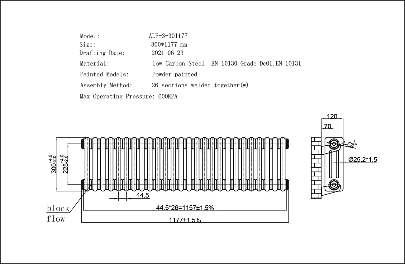 Alpha - Black Column Radiator H300mm x W1177mm 3 Column - Feet Included - Image 3