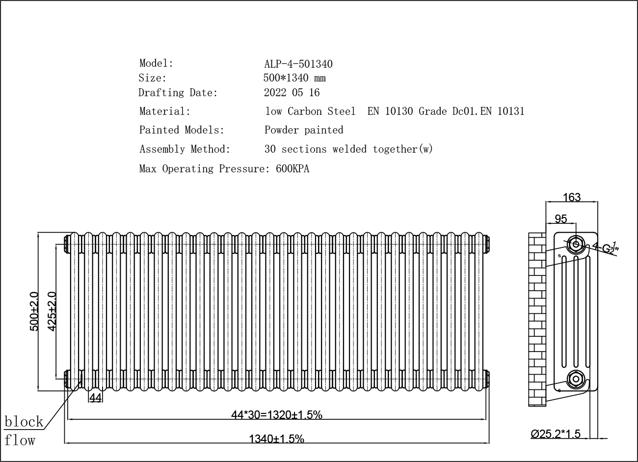 Alpha - Black Column Radiator H500mm x W1340mm 4 Column - Image 3