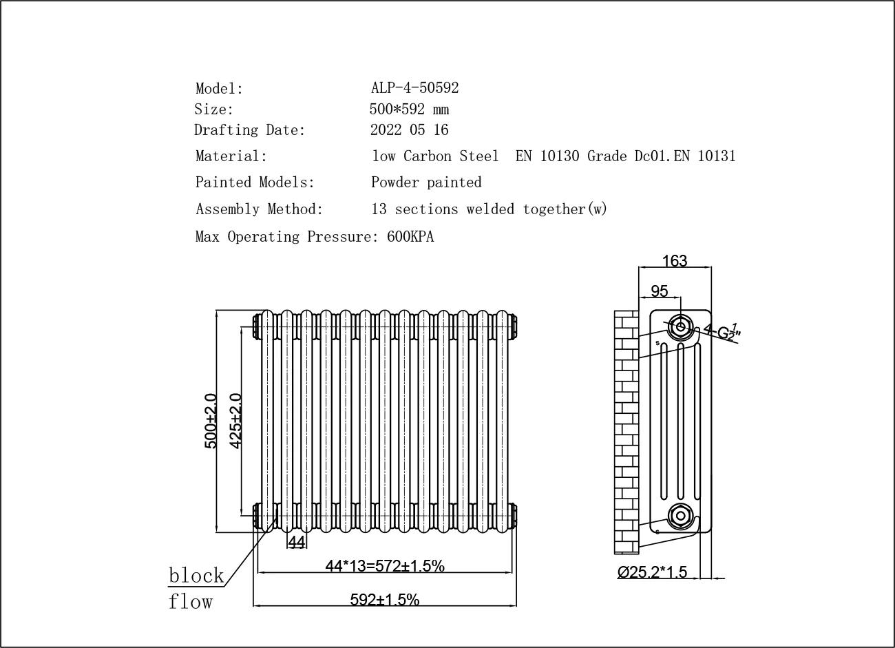Alpha - Black Column Radiator H500mm x W592mm 4 Column - Image 3