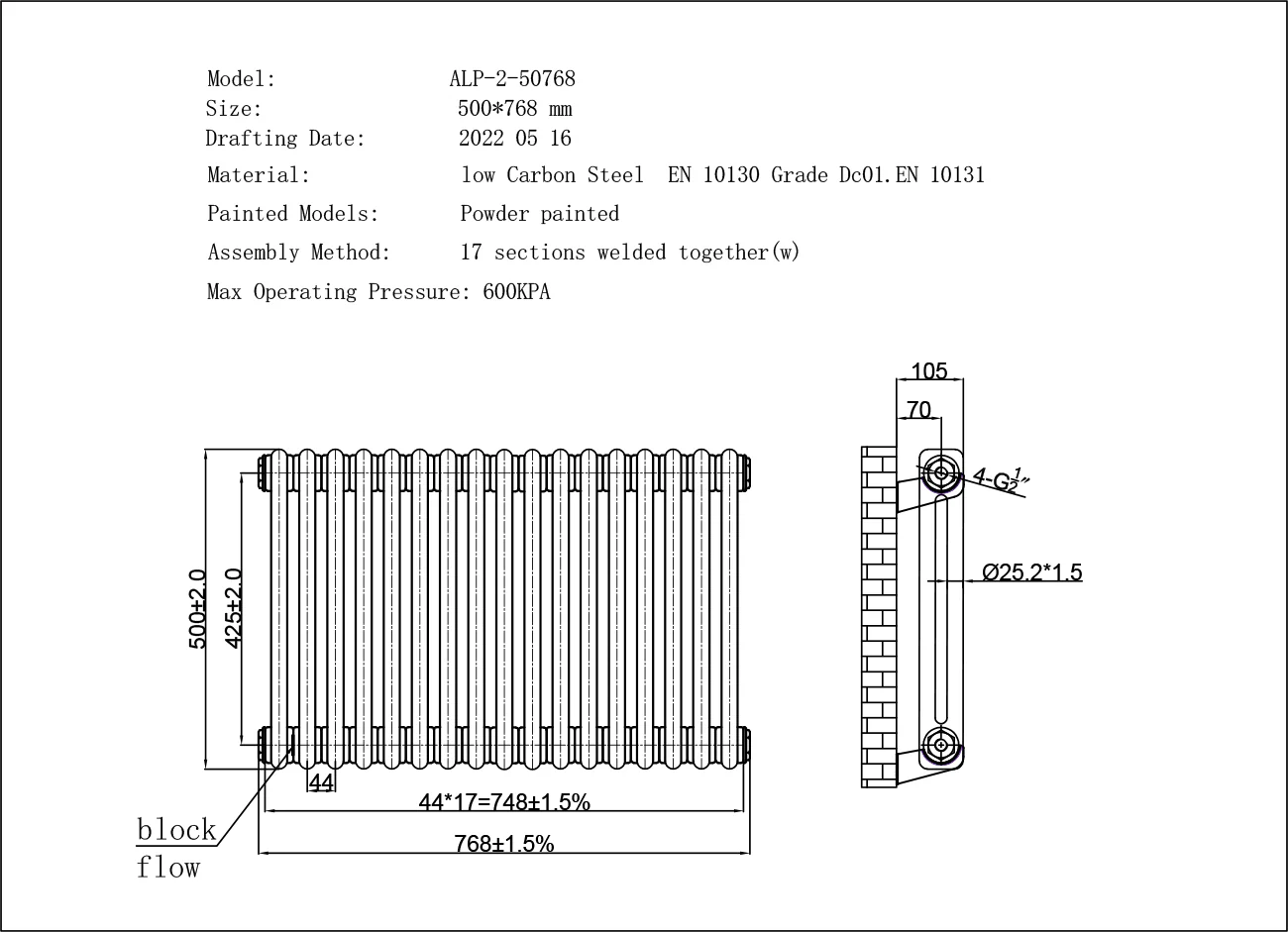 Alpha - Black Column Radiator H500mm x W768mm 2 Column - Image 3
