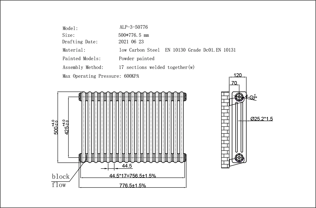Alpha - Black Column Radiator H500mm x W777mm 3 Column - Feet Included - Image 3