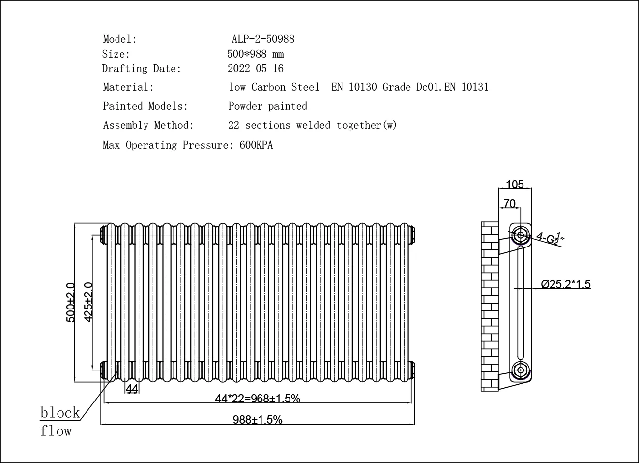 Alpha - Black Column Radiator H500mm x W988mm 2 Column - Feet Included - Image 3