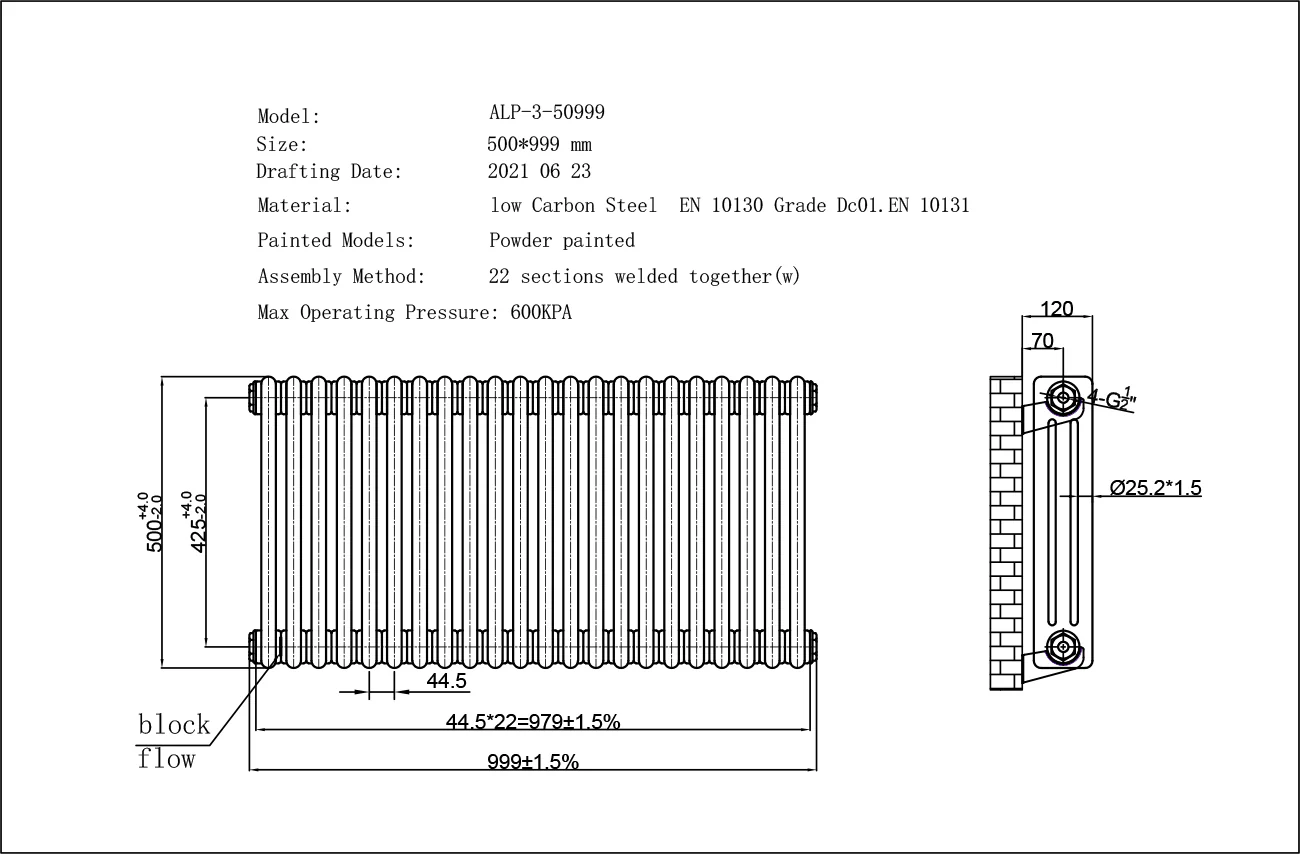 Alpha - Black Column Radiator H500mm x W999mm 3 Column - Feet Included - Image 3