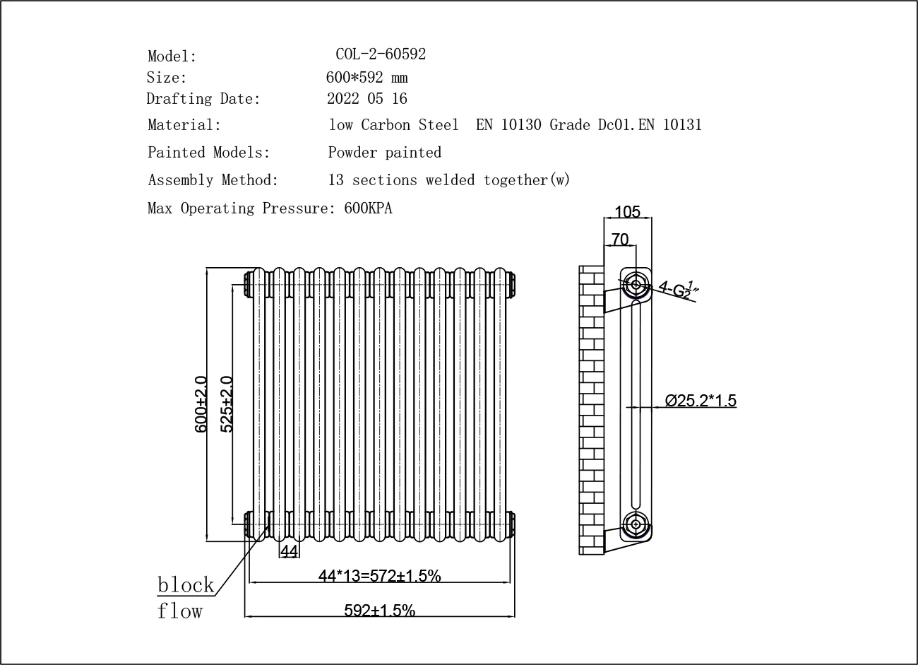 Alpha - Black Column Radiator H600mm x W592mm 2 Column - Image 3