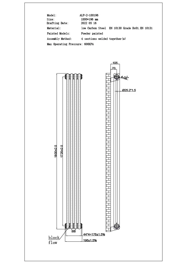 Alpha - Black Vertical Column Radiator H1800mm x W196mm 2 Column - Image 3