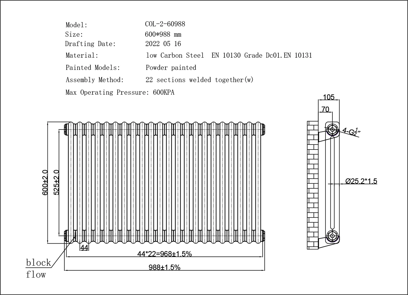 Alpha - Brushed Brass Column Radiator H600mm x W988mm 2 Column - Image 2