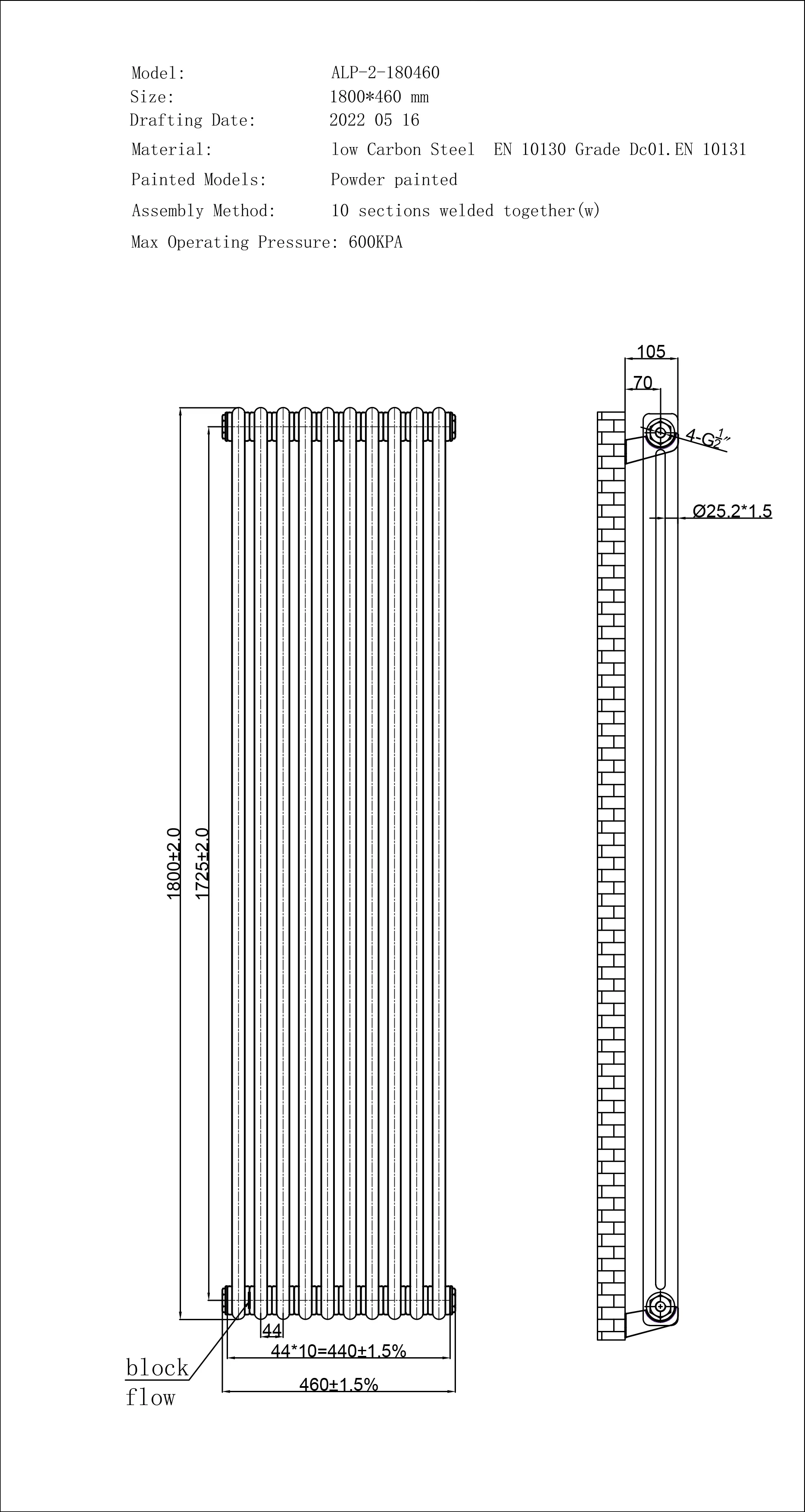 Alpha - Brushed Brass Vertical Column Radiator H1800mm x W460mm 2 Column - Image 2