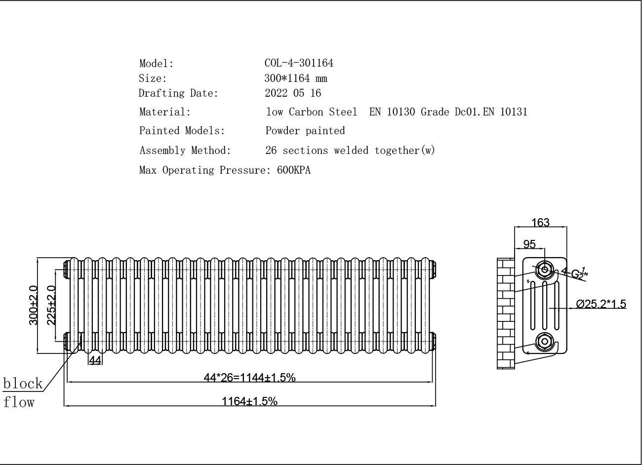 Alpha - Raw Metal Column Radiator H300mm x W1164mm 4 Column - Image 3