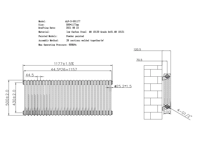 Alpha - Raw Metal Column Radiator H500mm x W1177mm 3 Column - Feet Included - Image 3