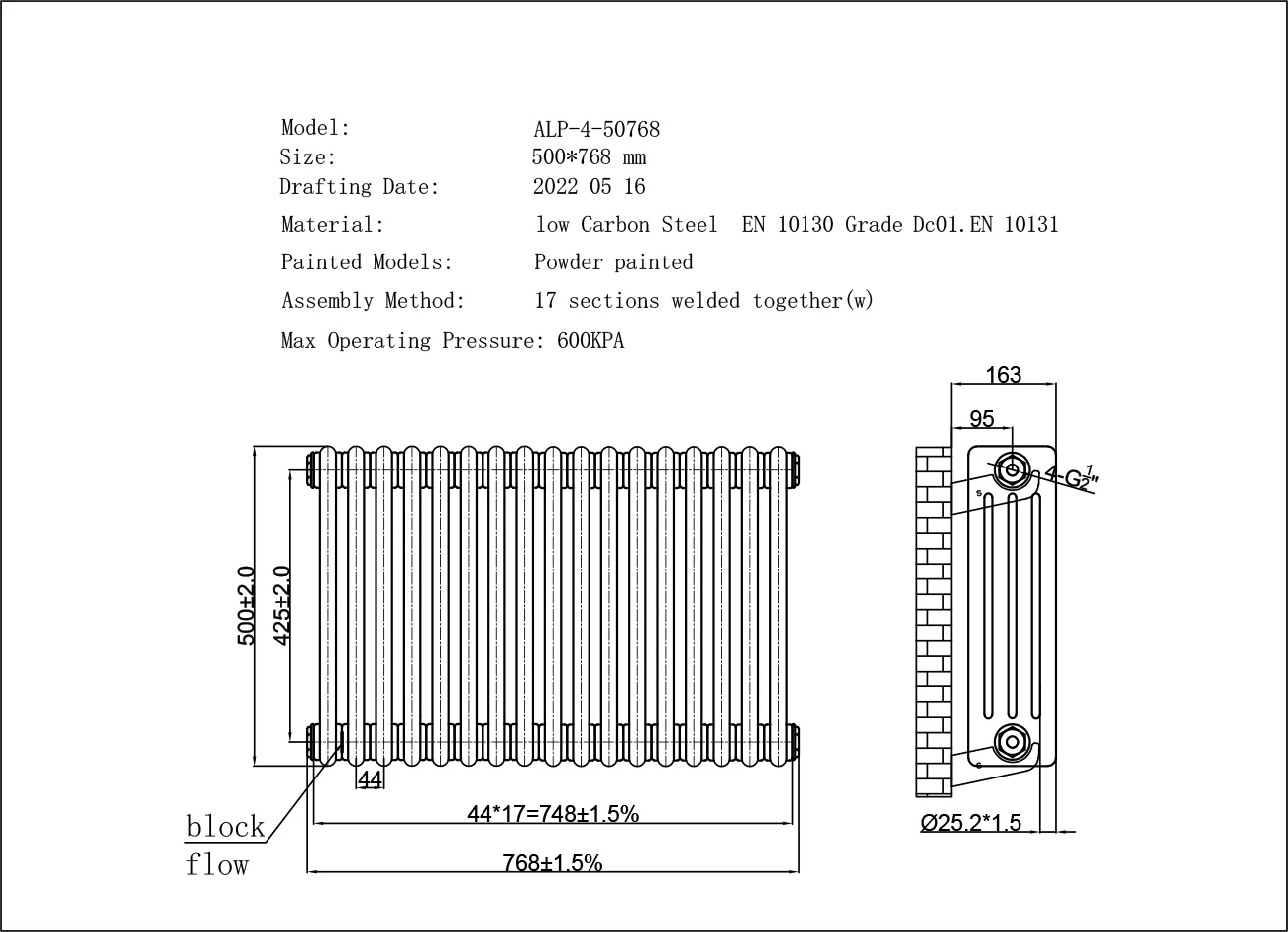Alpha - Raw Metal Column Radiator H500mm x W768mm 4 Column - Image 3