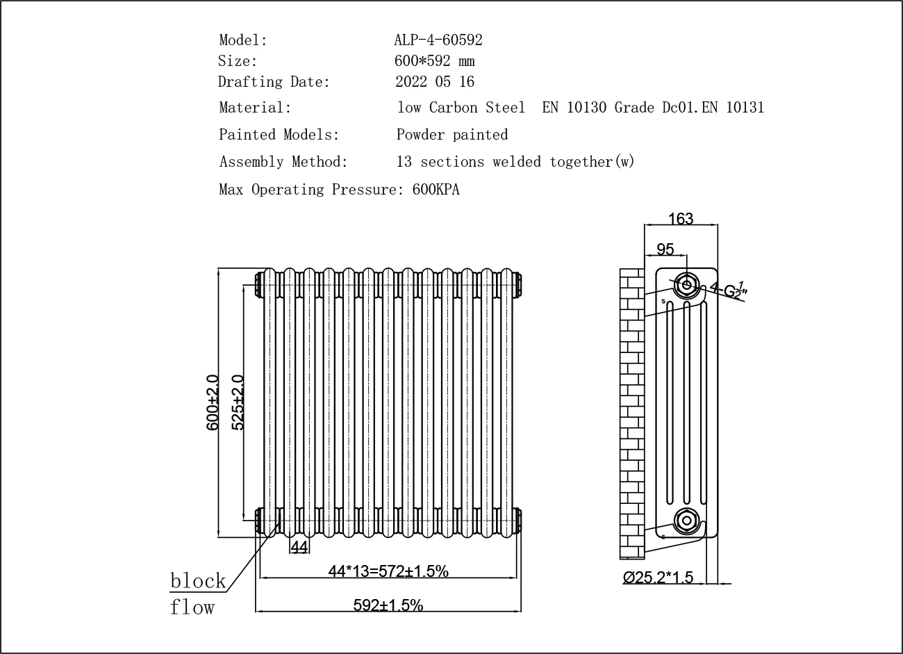Alpha - Raw Metal Column Radiator H600mm x W592mm 4 Column - Image 3
