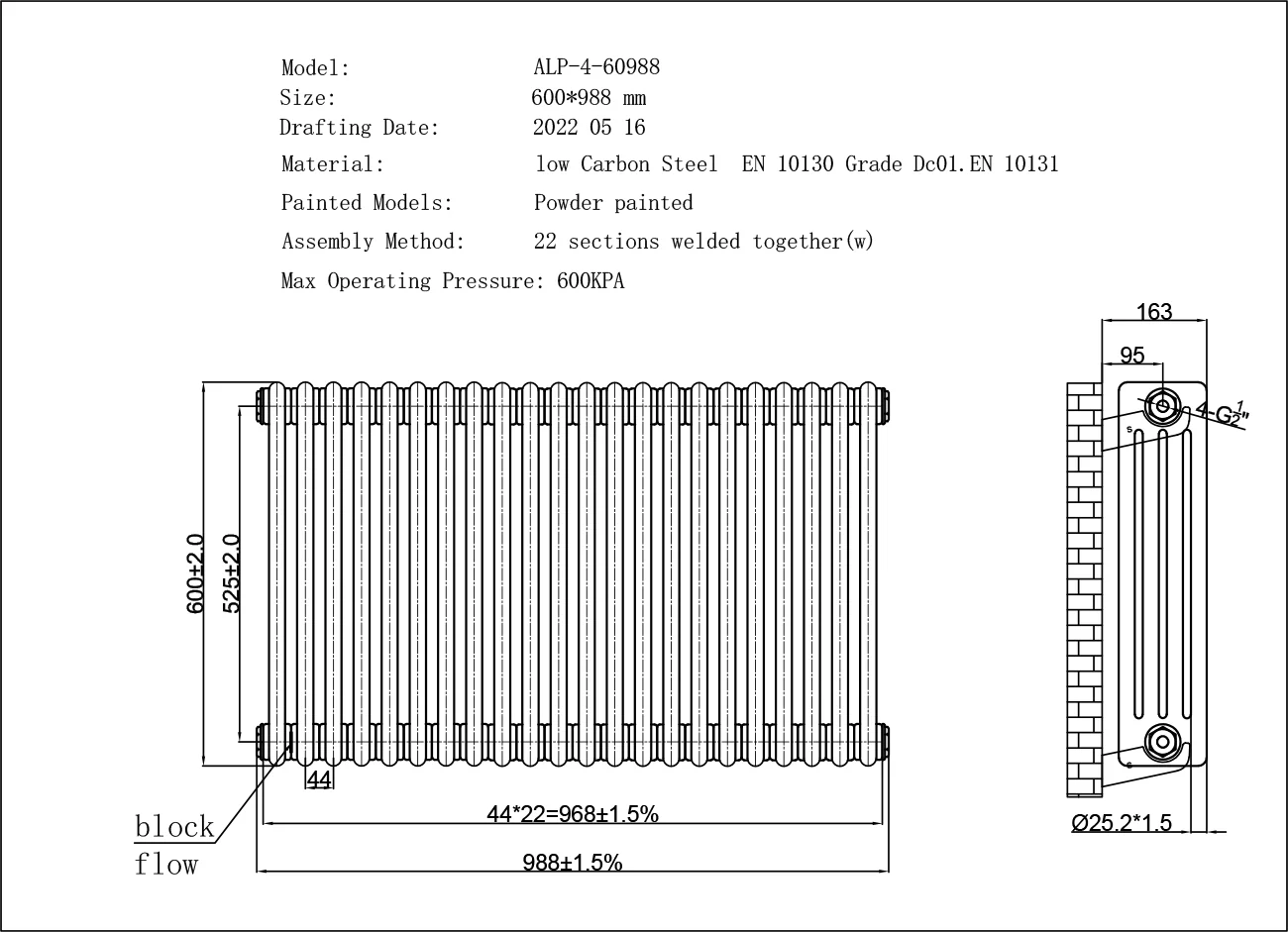 Alpha - Raw Metal Column Radiator H600mm x W988mm 4 Column - Image 3