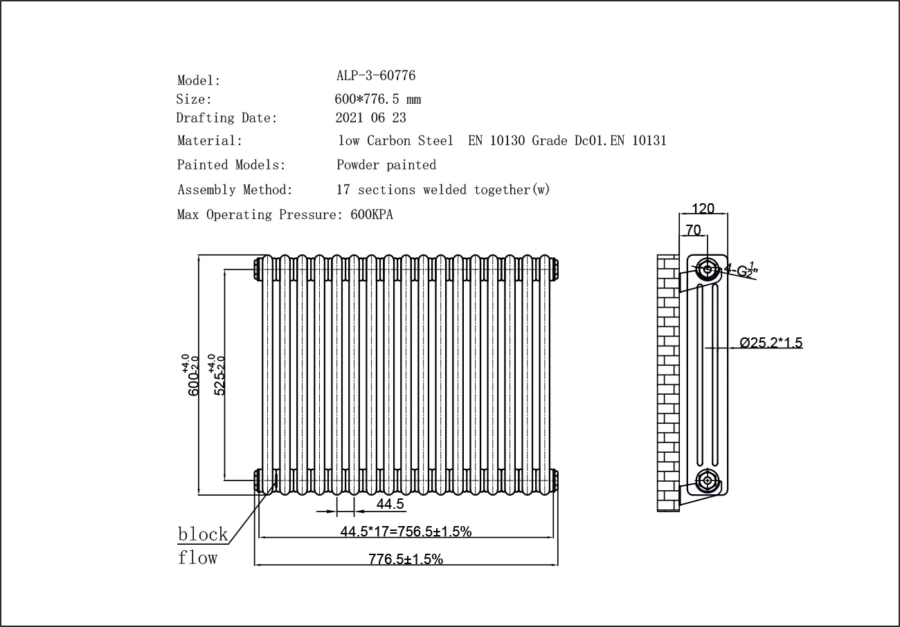 Alpha - Raw Metal Column Radiator H600mm x W777mm 3 Column - Image 3