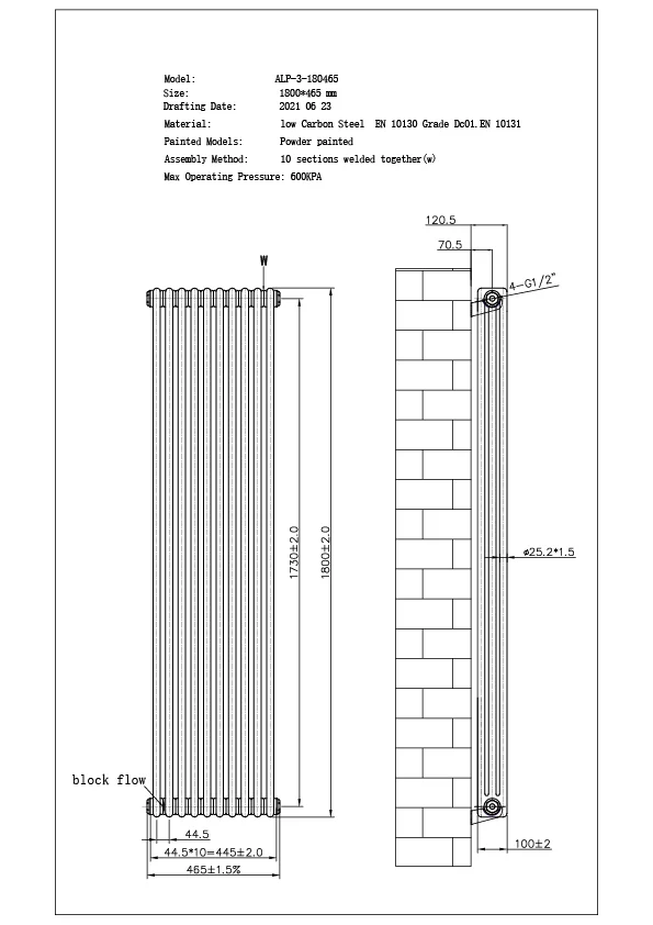Alpha - Raw Metal Vertical Column Radiator H1800mm x W465mm 3 Column - Image 3