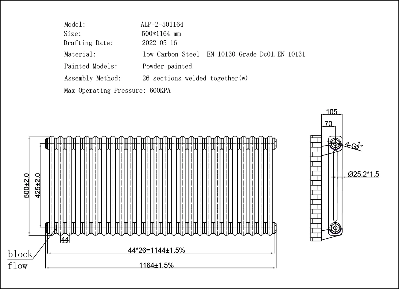 Alpha - White Column Radiator H500mm x W1164mm 2 Column - Feet Included - Feet Included - Image 3