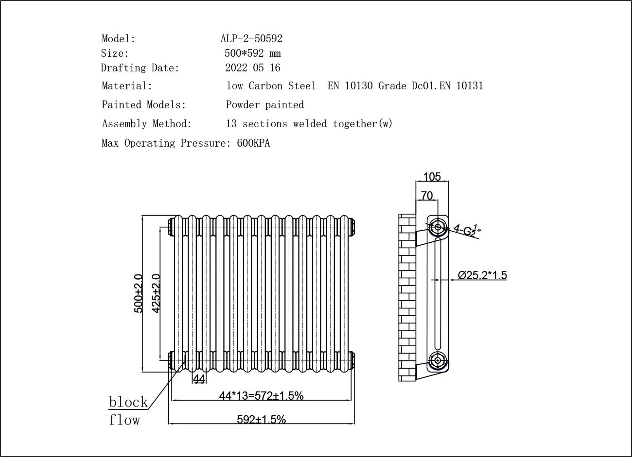 Alpha - White Column Radiator H500mm x W592mm 2 Column - Image 3