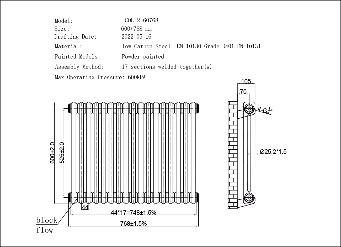 Alpha - White Column Radiator H600mm x W768mm 2 Column - Feet Included - Image 3