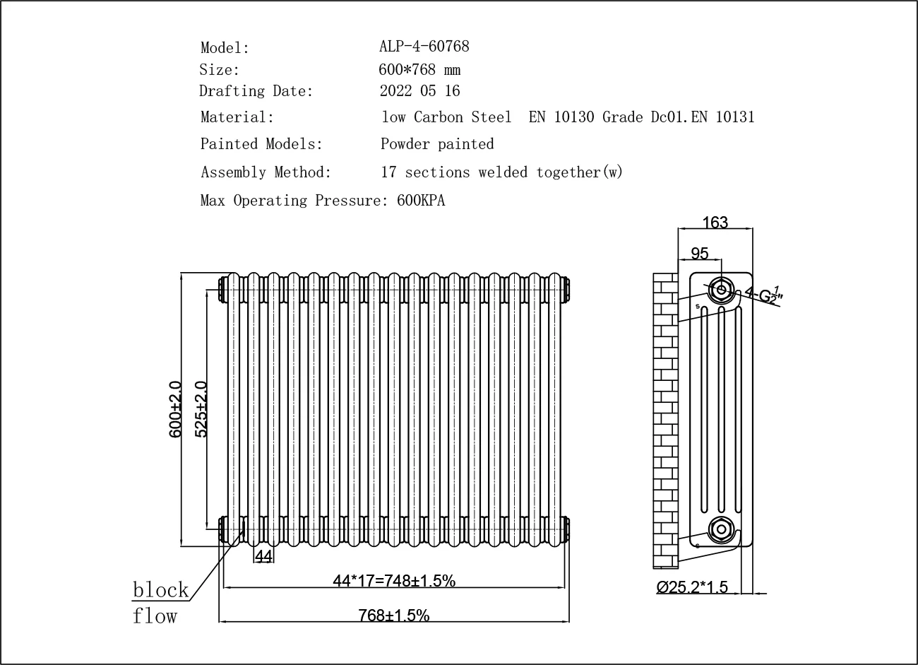 Alpha - White Column Radiator H600mm x W768mm 4 Column - Image 3