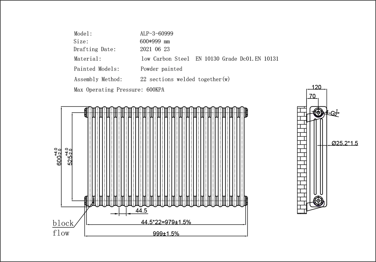 Alpha - White Column Radiator H600mm x W999mm 3 Column - Feet Included - Image 3