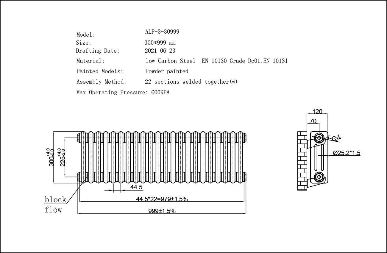 Alpha - White Column Radiator H300mm x W999mm 3 Column - Image 3