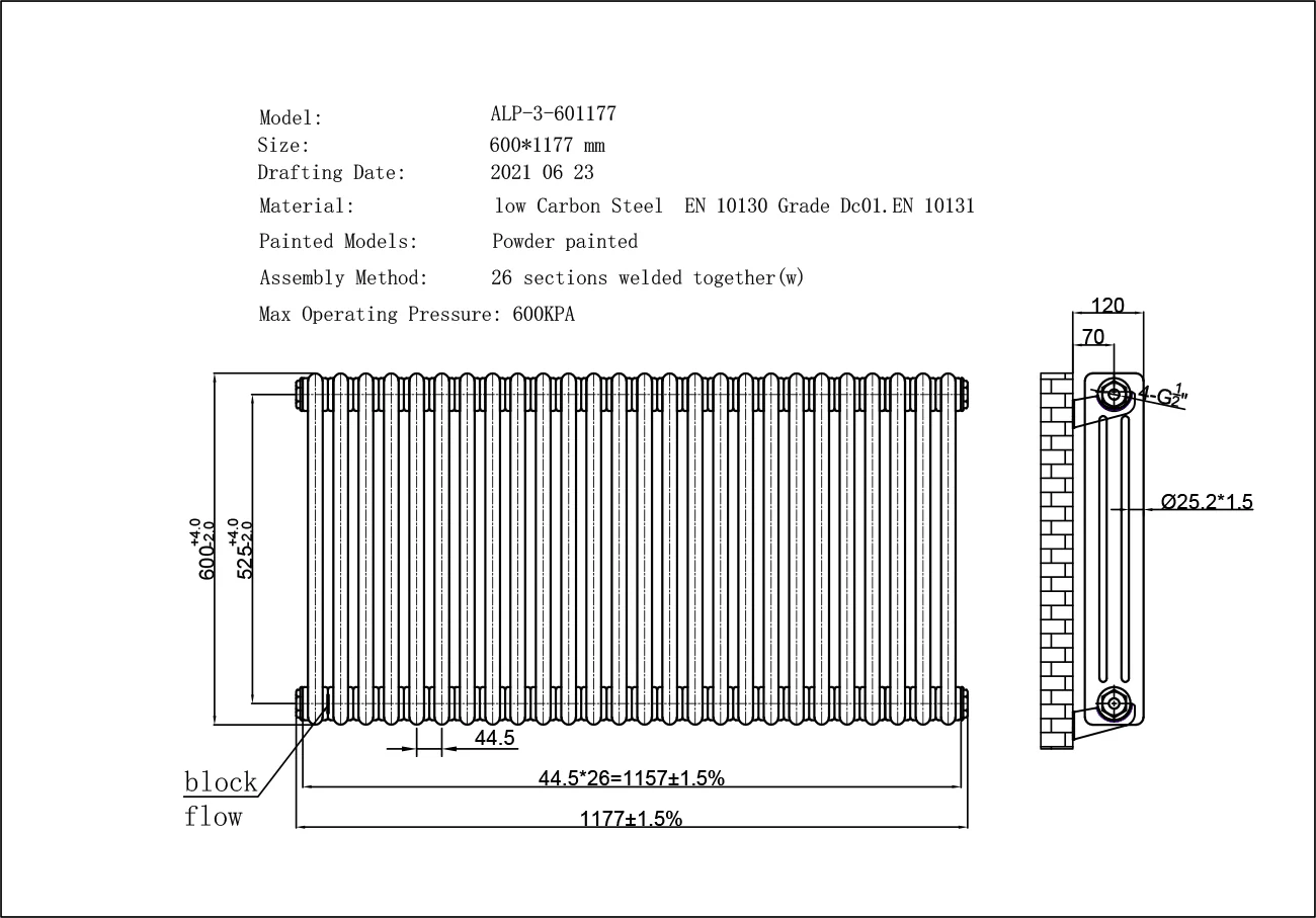 Alpha - White Column Radiator H600mm x W1177mm 3 Column - Image 3