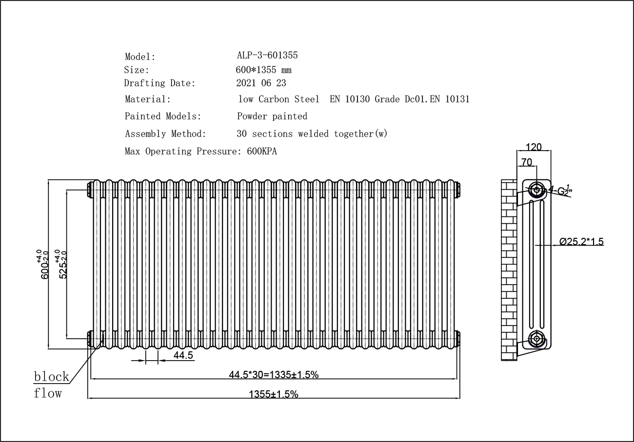 Alpha - White Column Radiator H600mm x W1355mm 3 Column - Image 3