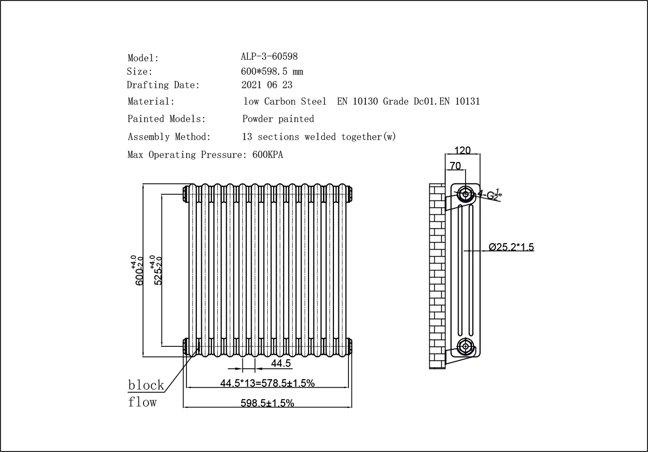 Alpha - White Column Radiator H600mm x W599mm 3 Column - Image 3