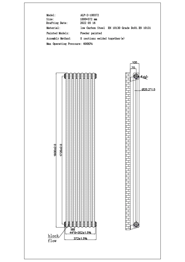 Alpha - White Vertical Column Radiator H1800mm x W372mm 2 Column - Image 3