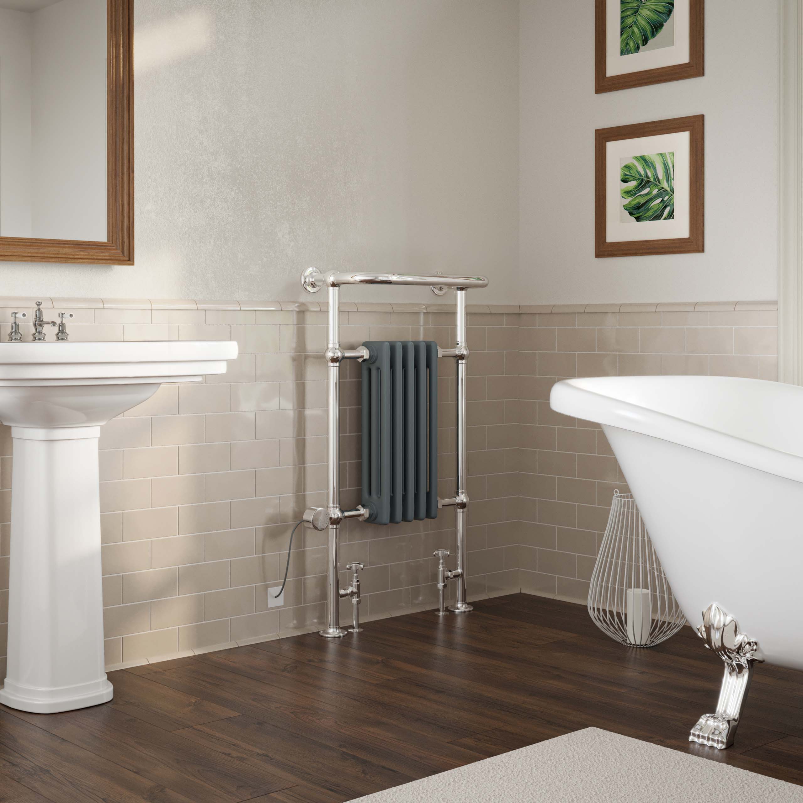 Arundel - Anthracite Traditional Dual Fuel Towel Rail H963mm x W538mm Thermostatic - Floor Standing - Image 2