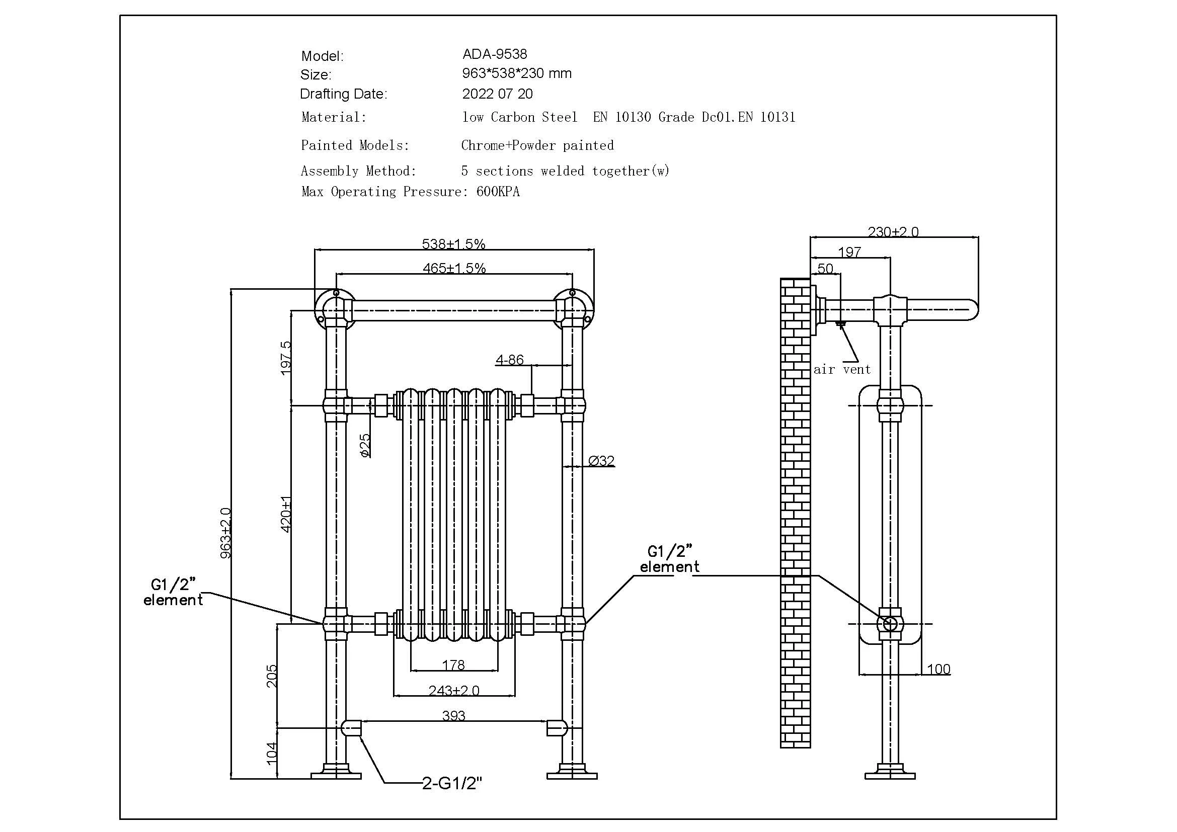 Arundel - Anthracite Traditional Electric Towel Rail H963mm x W538mm 300w Thermostatic - Image 3