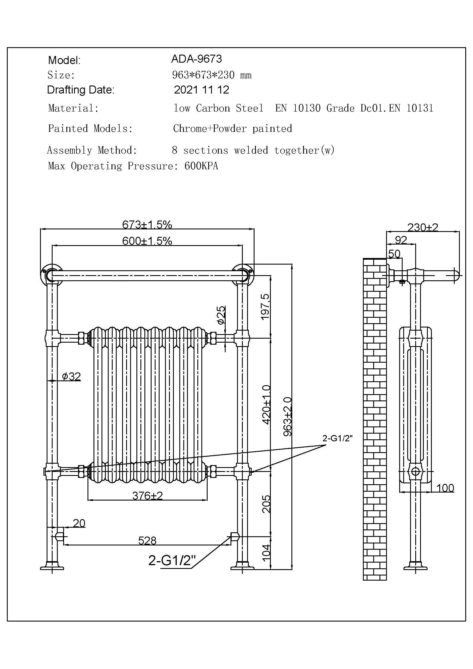 Arundel - White Traditional Dual Fuel Towel Rail H963mm x W673mm Standard - Floor Standing - Image 3