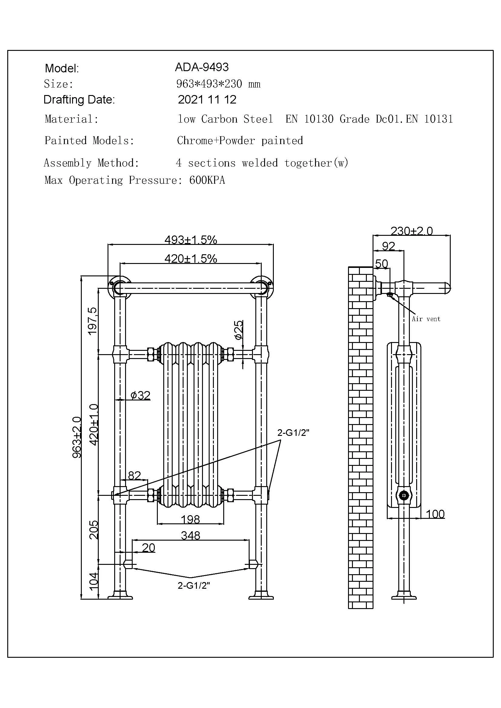Arundel - White Traditional Electric Towel Rail H963mm x W493mm 300w Standard - Image 3