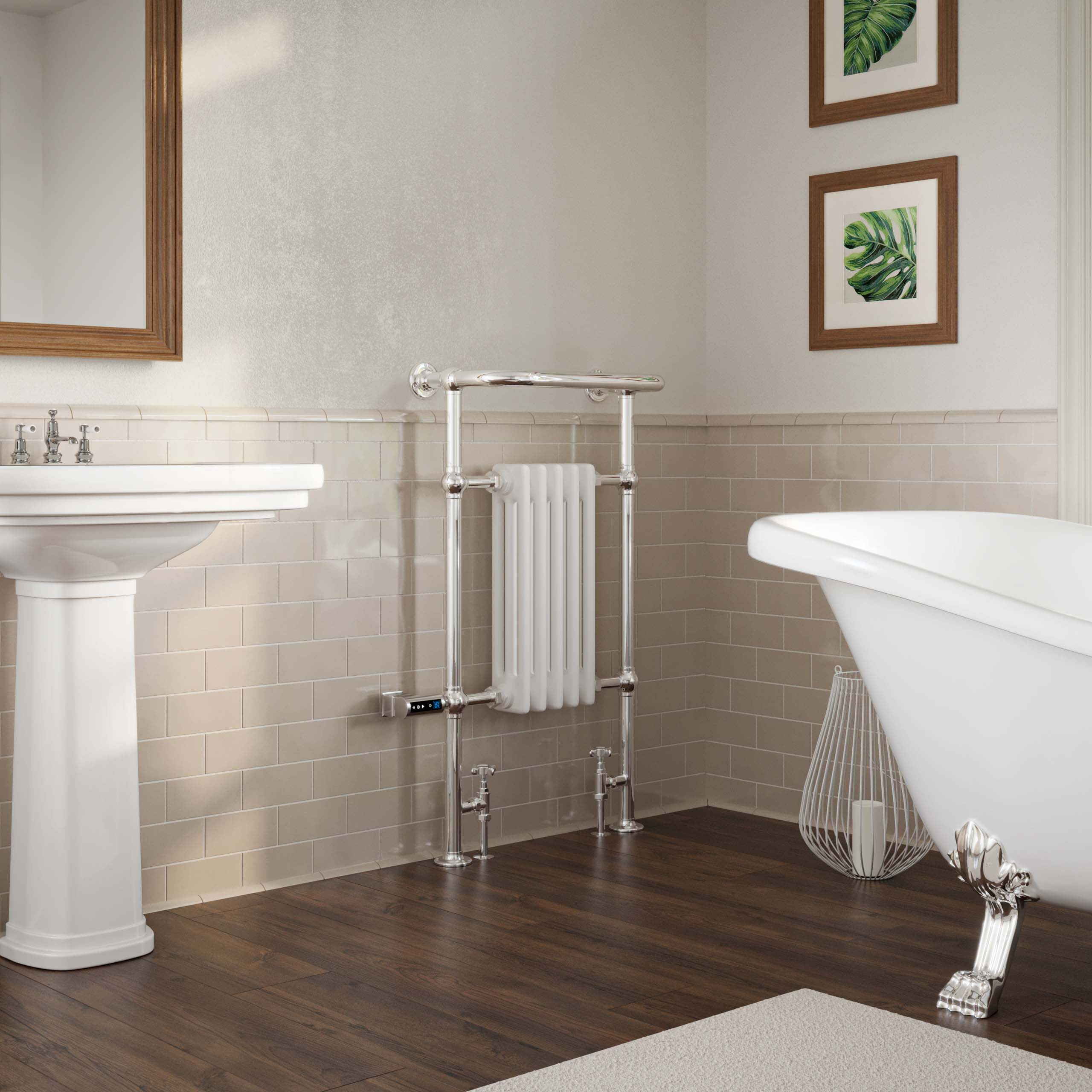 Arundel - White Traditional Dual Fuel Towel Rail H963mm x W538mm Thermostatic WIFI - Floor Standing - Image 2