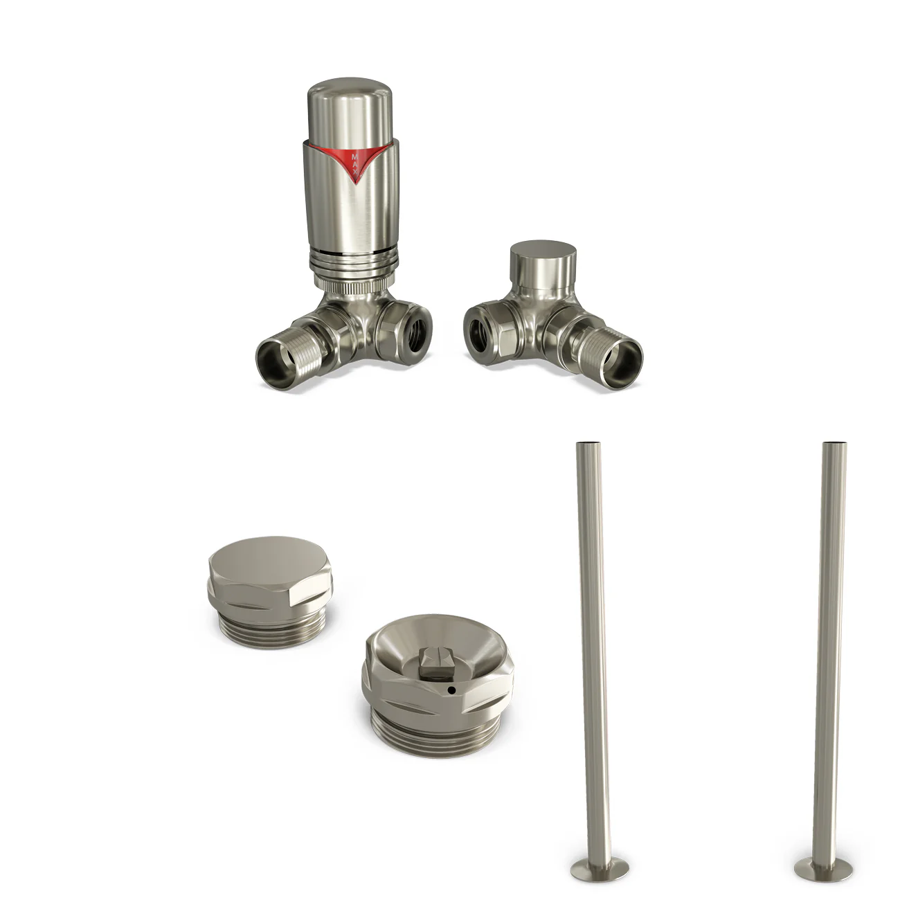 Derry Bold - Silver Nickel Thermostatic Radiator Valve & Installation Kit Corner 15mm
