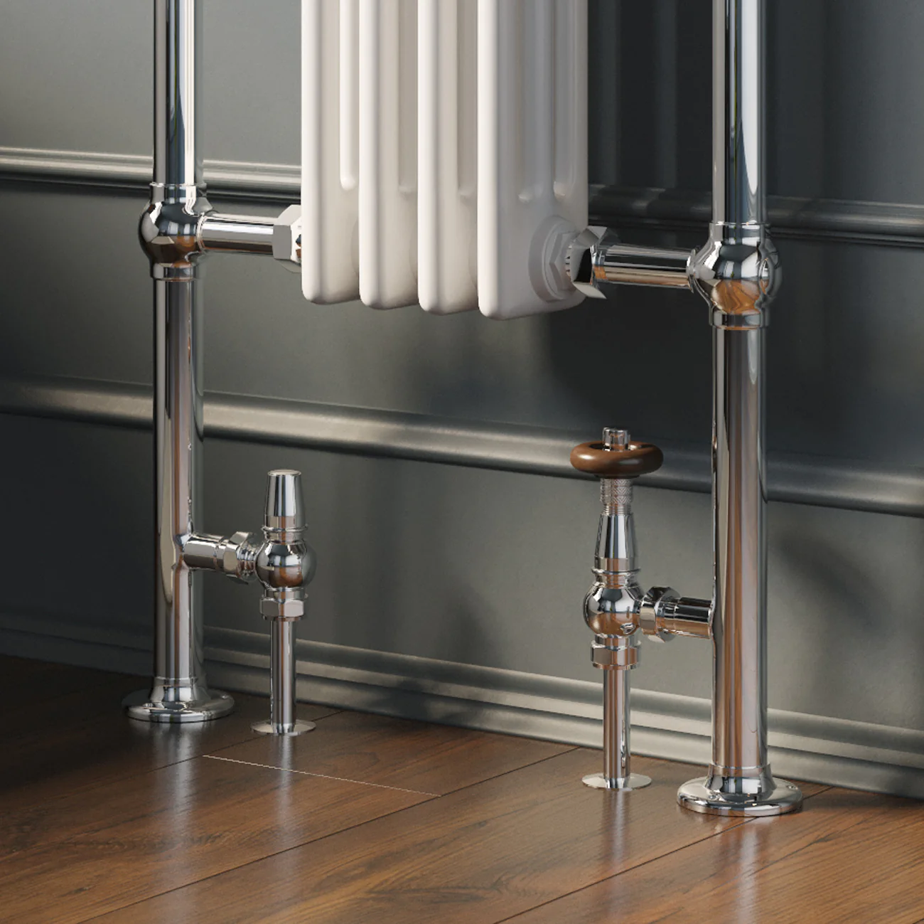 Derry Traditional - Chrome Thermostatic Radiator Valve & Lockshield Angled 8mm - Image 2