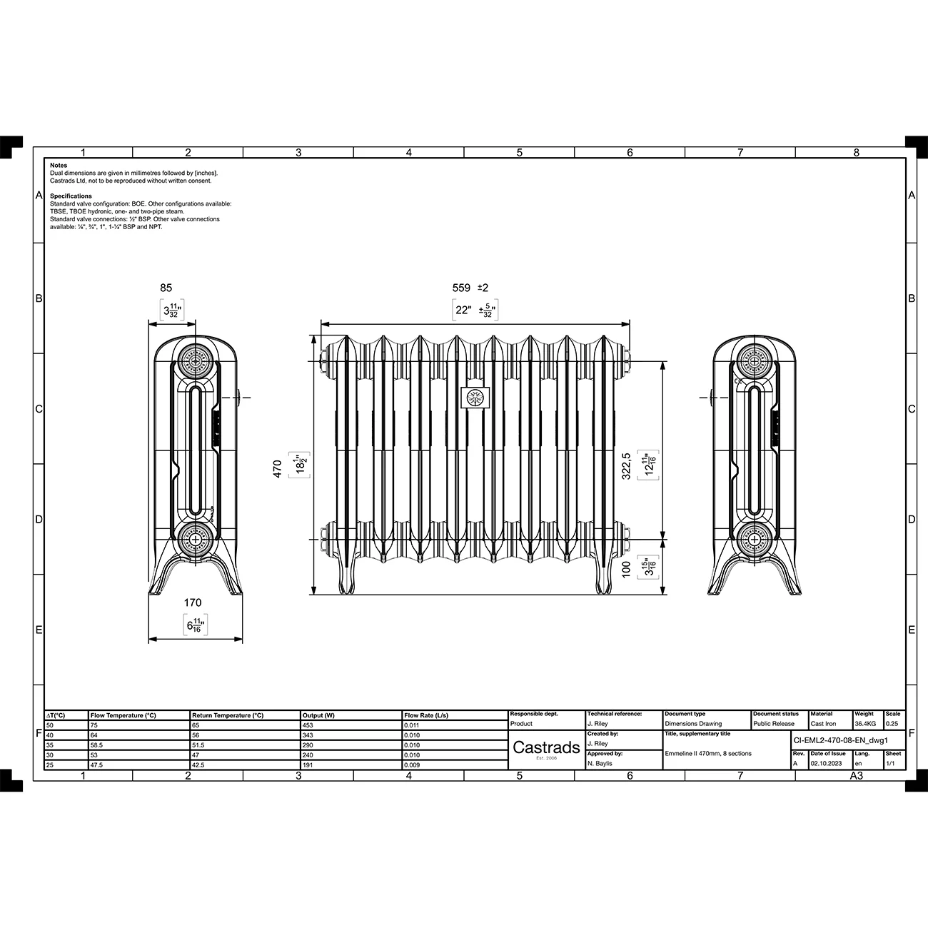 Emmeline II - Pebble Grey Cast Iron Column Radiator H470mm x W562mm 2 Column - Floor Standing - Image 3