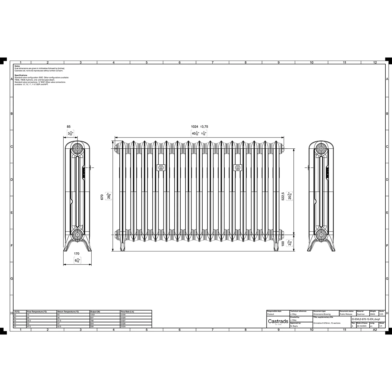 Emmeline II - Pencil Grey Cast Iron Column Radiator H670mm x W1028mm 2 Column - Floor Standing - Image 3