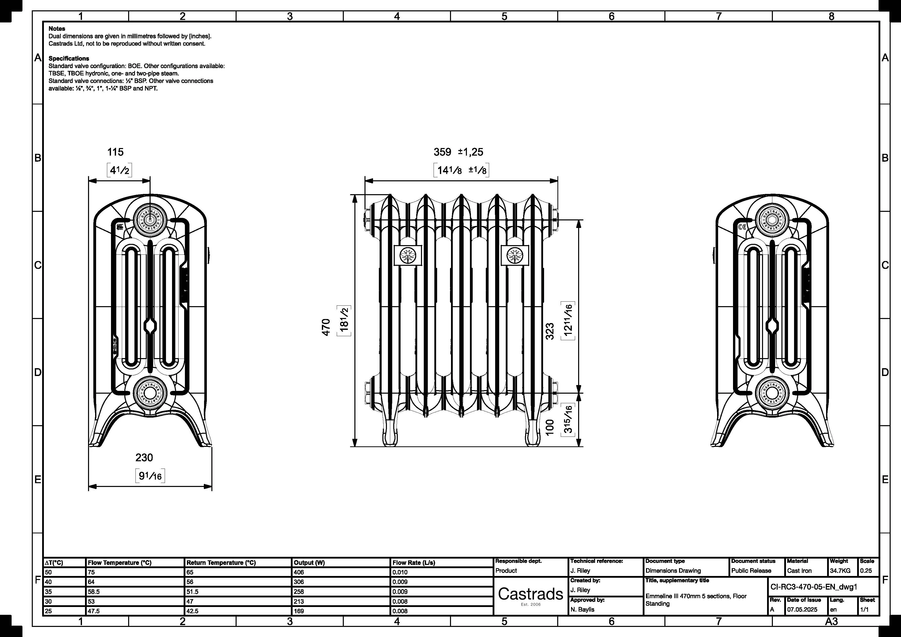 Emmeline III - Anthracite Cast Iron Column Radiator H470mm x W363mm 3 Column - Floor Standing - Image 3