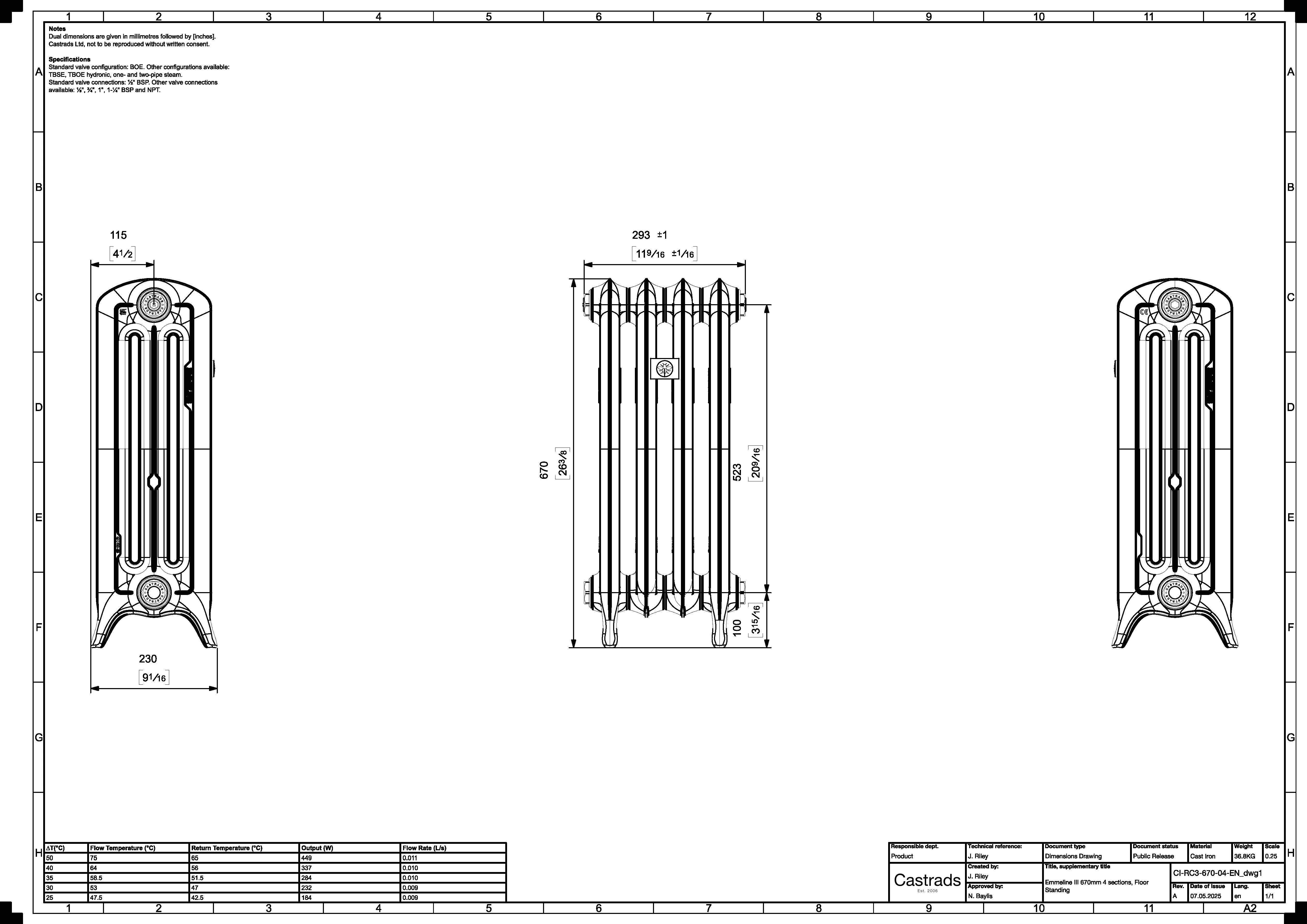 Emmeline III - Astral Grey Dark Cast Iron Column Radiator H670mm x W296mm 3 Column - Floor Standing - Image 3
